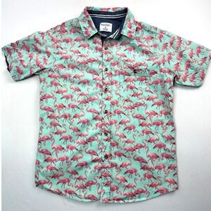 Distortion Flamingo Print Button Up‎ Short Sleeve Tropical Shirt Small